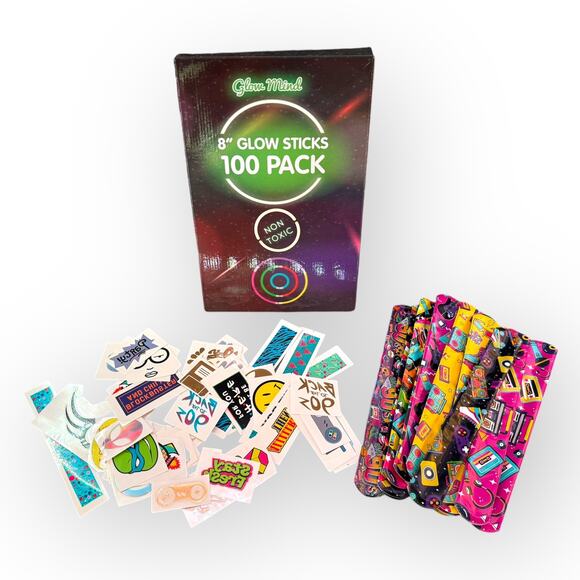 90s Themed Party Favors: Slap Bracelets, Tattoos & Glowsticks | 164-Piece Set - Picture 1 of 1